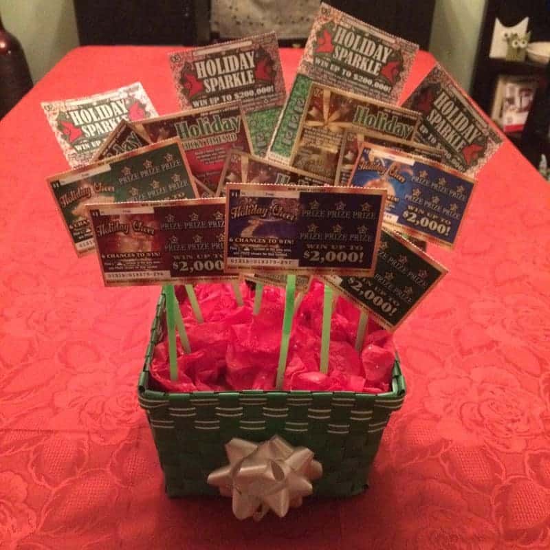 Gift basket made with scratch off lottery tickets.