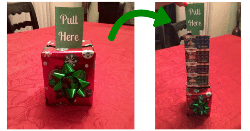 Lottery ticket mystery gift box with pull here tab.