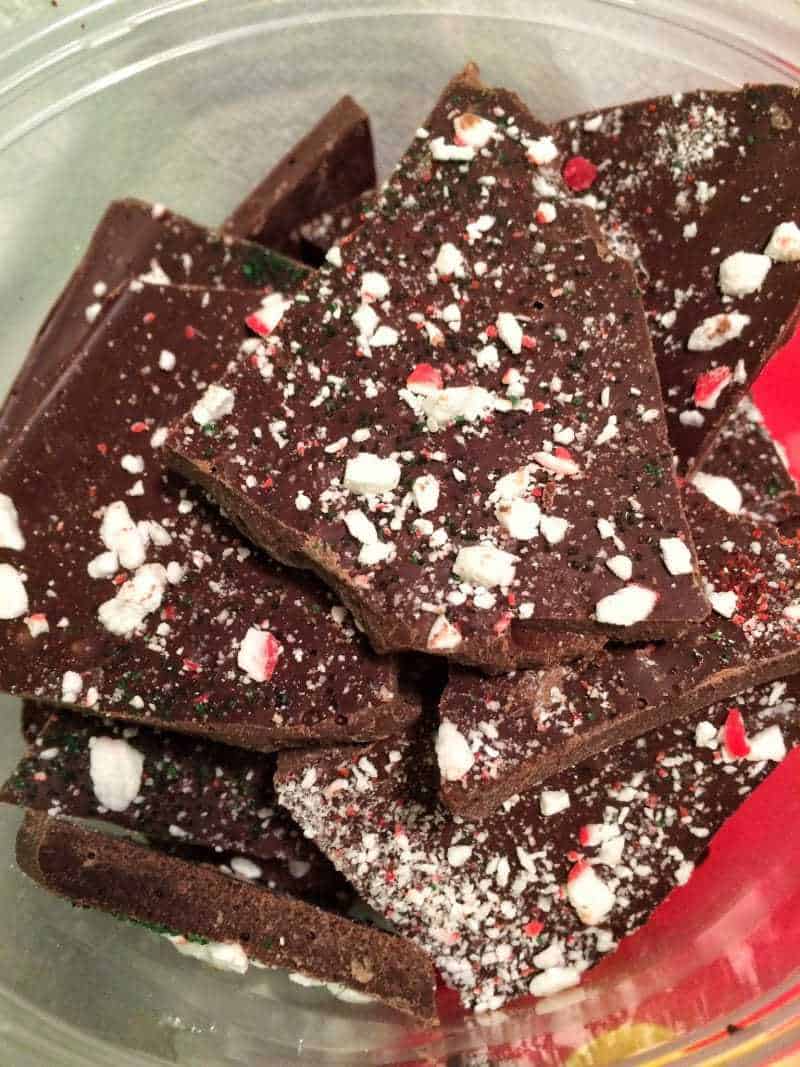 Christmas peppermint bark with topped with crushed candy canes.