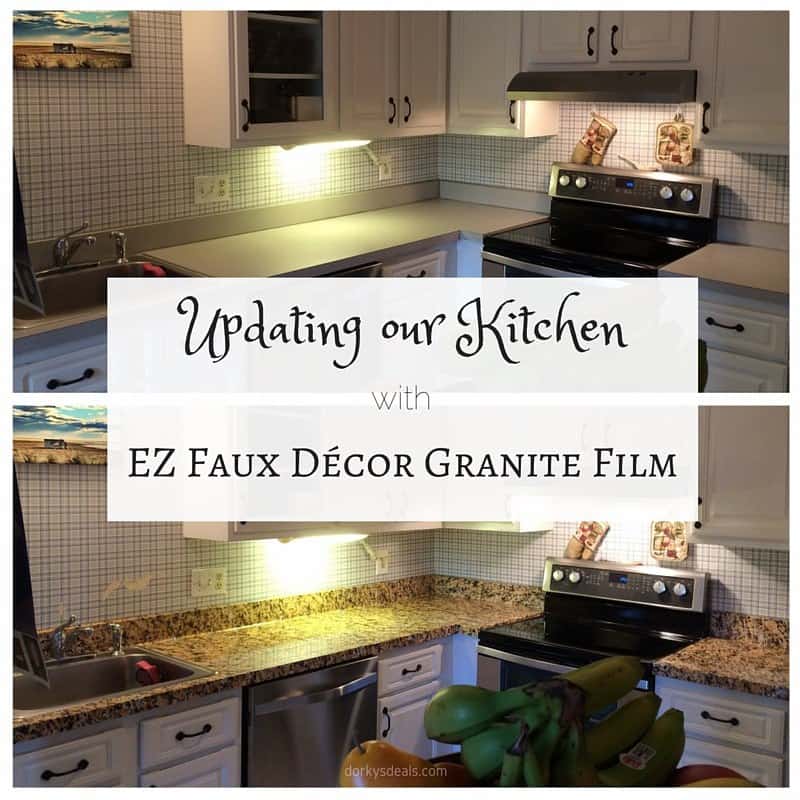 Before and after photo with countertop film installed. Reads: Updating our Kitchen with EZ Faux Décor Granite Film.
