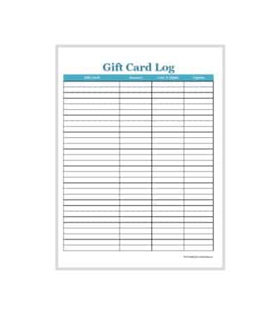Gift Card Log with 4 columns: gift card, amount, last 4 digits, and expiration date.