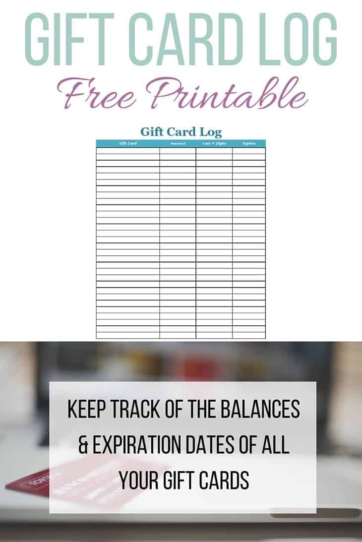Gift Card Log Free Printable: keep track of the balances and expiration dates of all your gift cards.