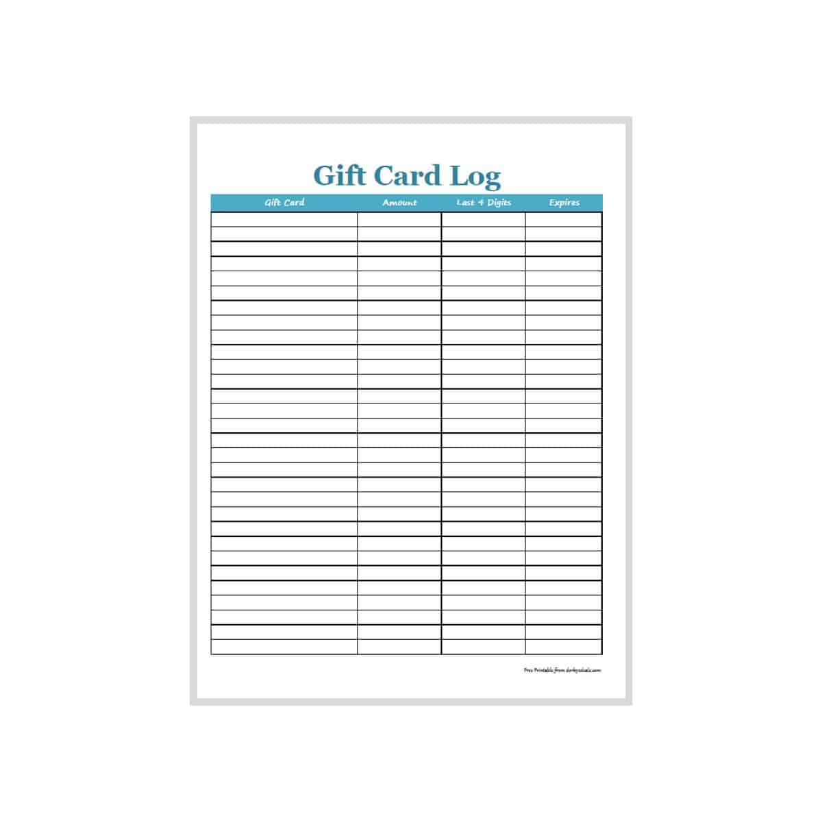 Gift Card Log with 4 columns: gift card, amount, last 4 digits, and expiration date.