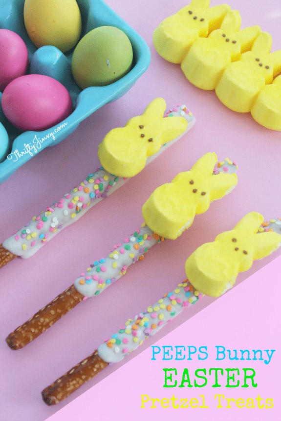 Peeps Bunny Topped coated Pretzel sticks.