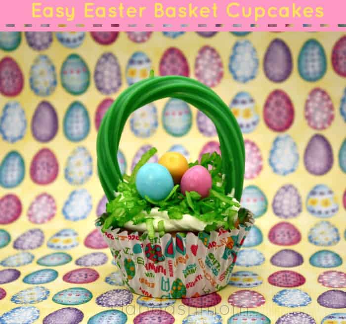 Easter Basket Cupcakes made with candy eggs and a green twizzler handle.