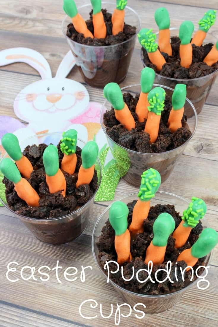 Dirt cups with pretzels decorated as carrots sticking out of the top.