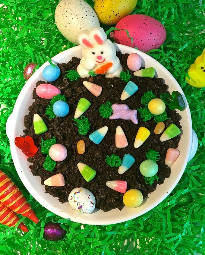 Easter Chocolate Cheesecake Dip topped with easter candies.