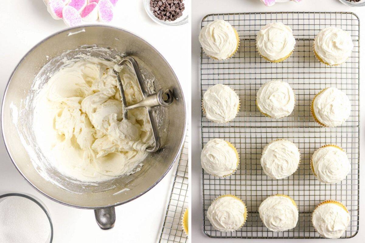 Collage showing frosting being mixed and cupcakes frosted on a cooling rack.