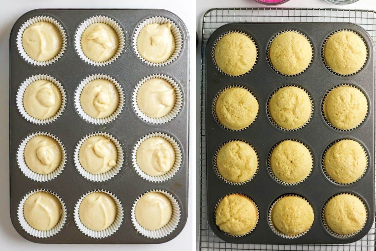 Collage with two photos. The first shows a muffin tin lined with paper liners filled with pale cupcake batter. The second shows baked golden cupcakes in the same tin placed on a cooling rack.