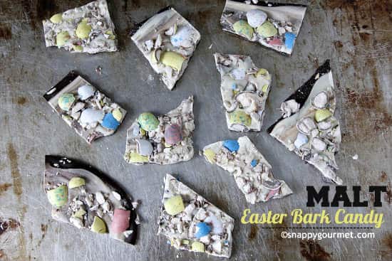 Malt egg topped chocolate bark candy.