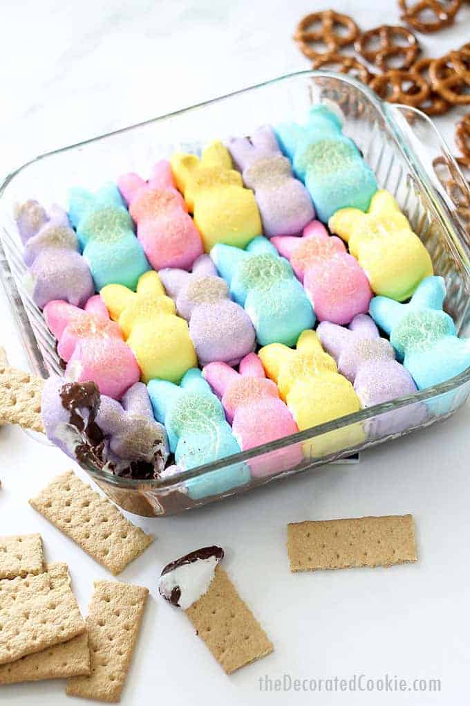 S'more Dip topped with marshmallow peeps.