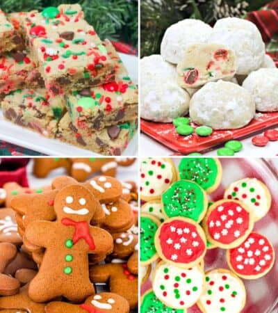 Variety of Christmas cookies: Christmas cookie bars, snowball cookies, gingerbread men, and frosted pudding sugar cookies.