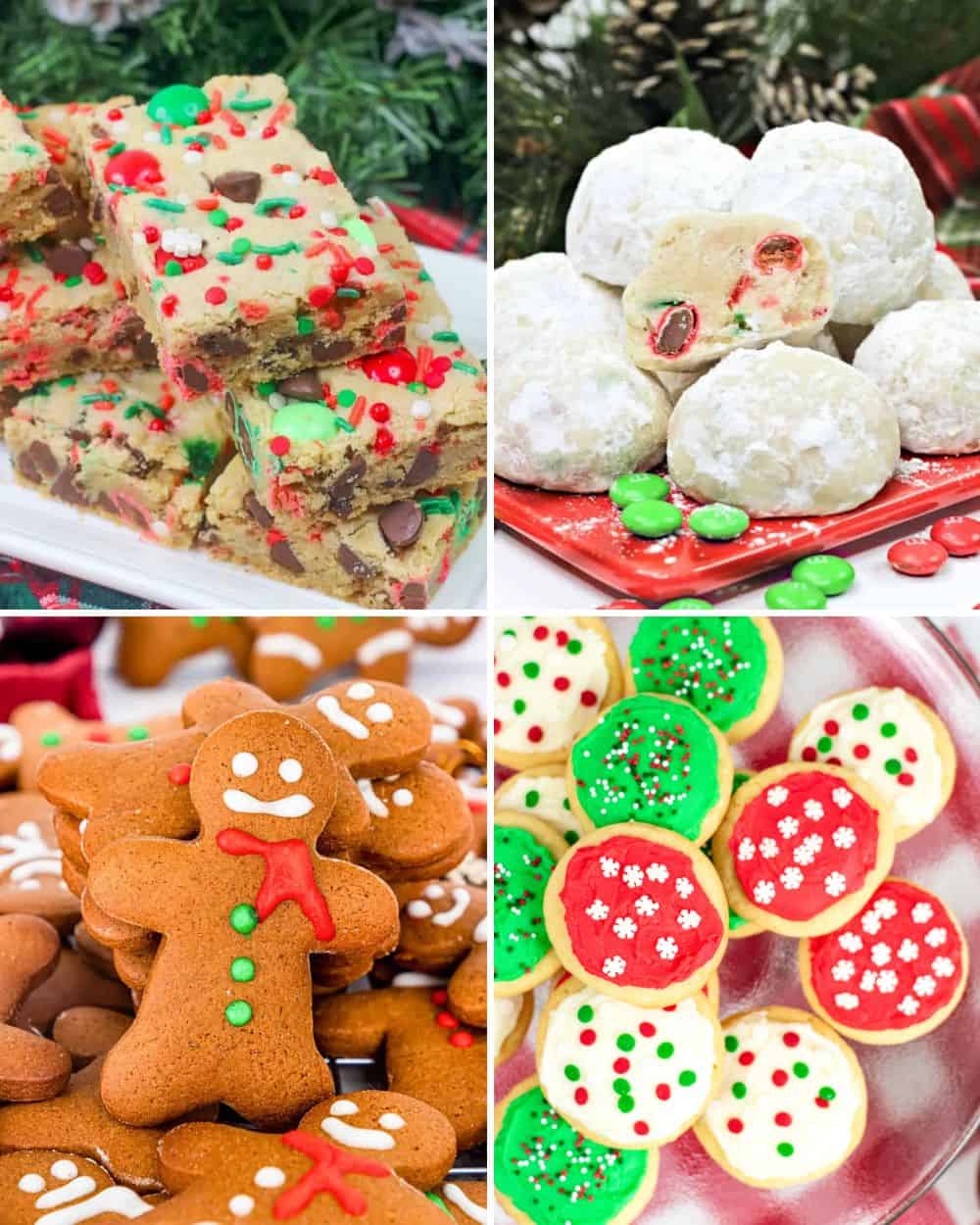 Variety of Christmas cookies: Christmas cookie bars, snowball cookies, gingerbread men, and frosted pudding sugar cookies.