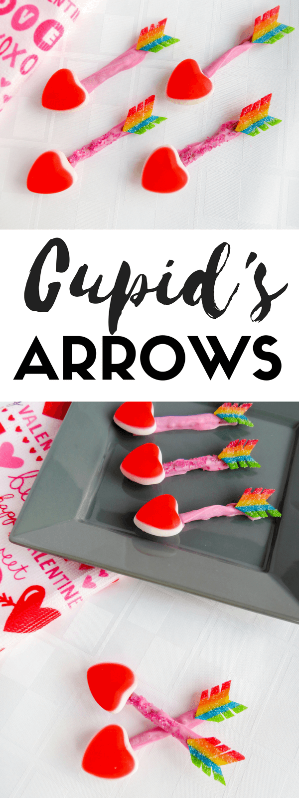 Looking for an easy Valentine's Day dessert? Made from pretzel sticks, gummies, and sour candy, these super cute Cupid's Arrow treats are just the thing!
