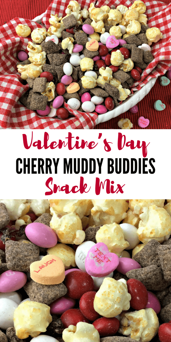 Valentine's Day Cherry Muddy Buddy Snack Mix.