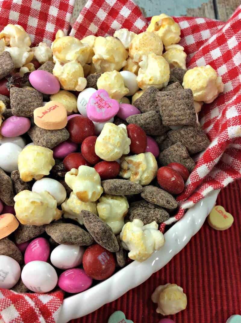 Close up of the cherry muddy buddy snack mix.