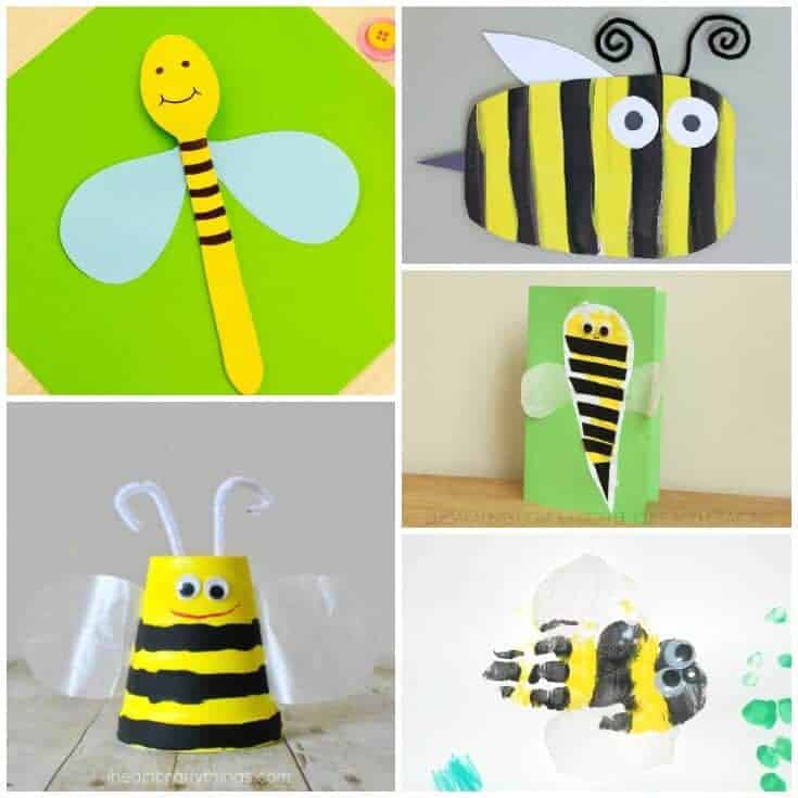 Collage of images of bee crafts using spoon, paper, cup, pipe cleaners, googly eyes, and handprint.