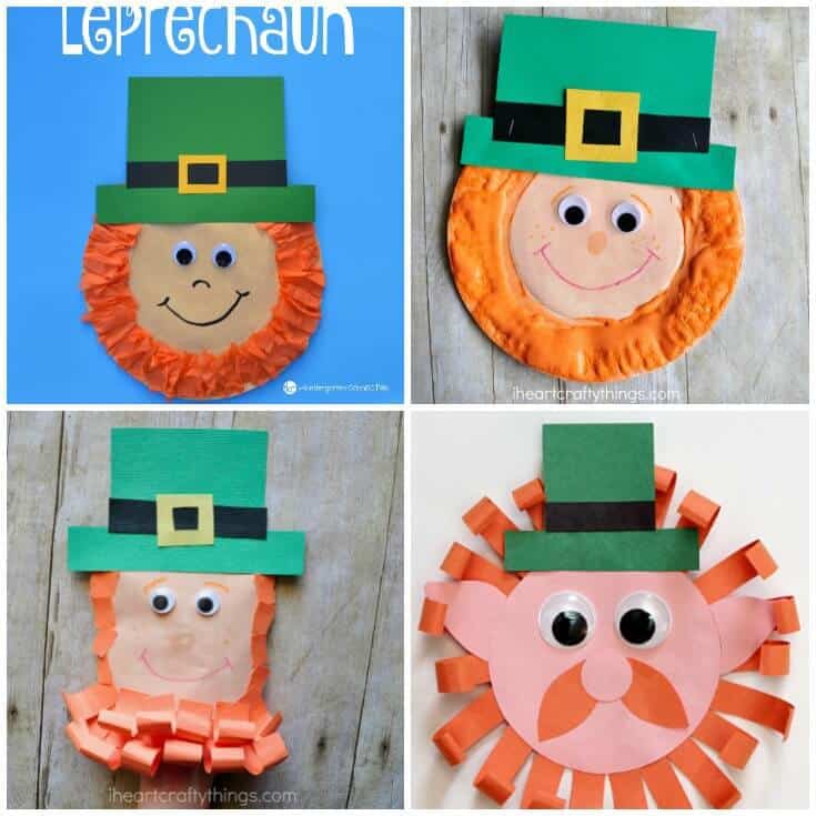 Collage of 4 leprechaun crafts made with paper, paper plates, and googly eyes.