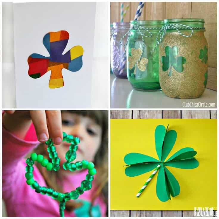 Four image collage of shamrock rainbow paper collage, glittery shamrock mason jars, child holding beaded shamrock shape, and a paper shamrock craft.