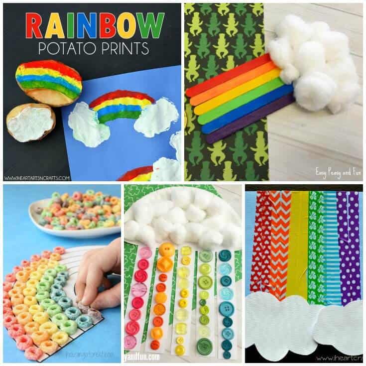 Collage of rainbow crafts for kids: potato prints, popsicle stick and cotton ball rainbow, fruit loop cereal rainbow, button rainbow, and washi tape rainbow.