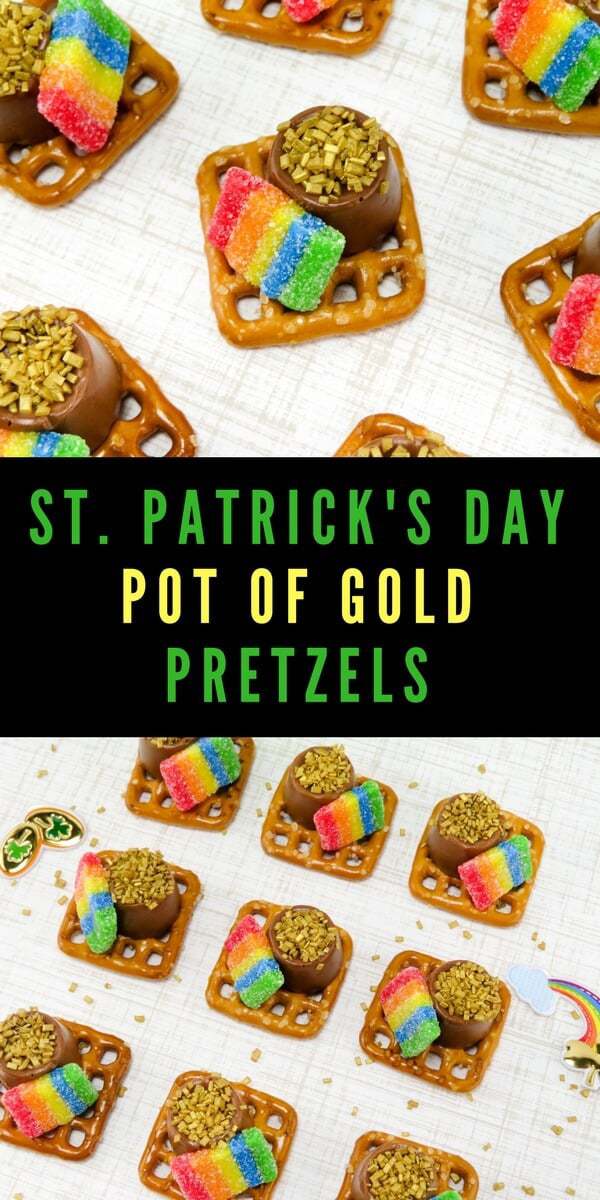 St. Patrick's Day Pot of Gold Pretzels Pin image.