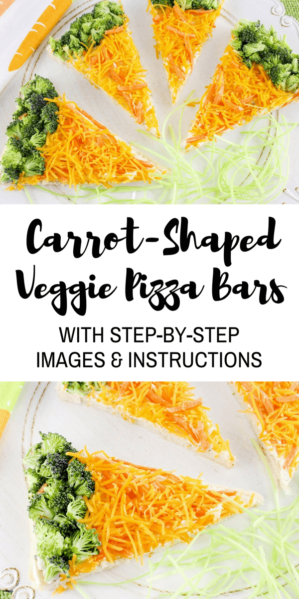 These cute carrot-shaped veggie pizza bars are the perfect easy to make snack for the little ones. They come together in just a few minutes.