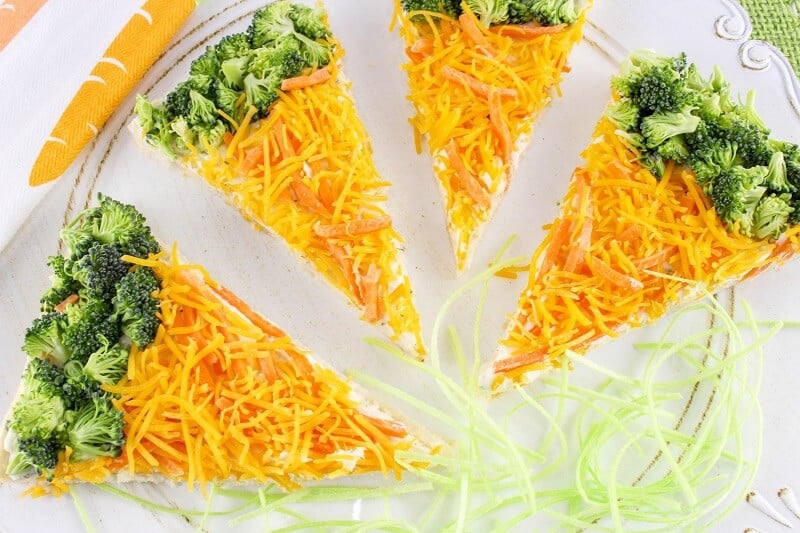 Broccoli and carrot pizza Easter snack for kids.