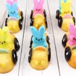 Peeps Twinkie Cars with Necco wafer steering wheels and licorice tires.