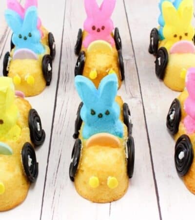 Peeps Twinkie Cars with Necco wafer steering wheels and licorice tires.