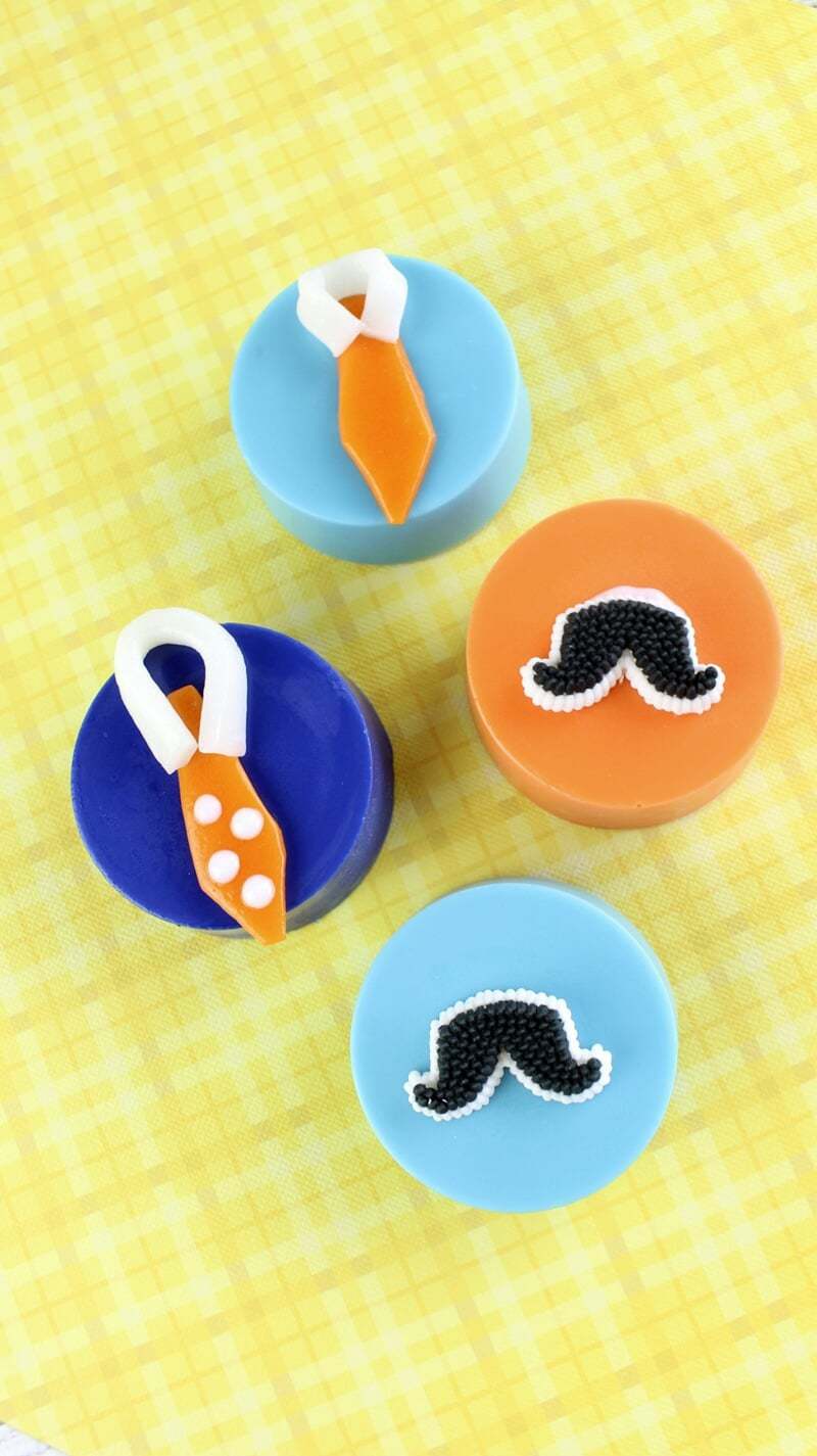 Decorated with mustaches and ties, these Father's Day Chocolate Covered Oreos will make the perfect no-bake treat for dad this Father's Day.