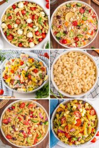 Six bowls each with a different pasta salad.
