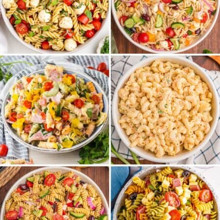 Six bowls each with a different pasta salad.