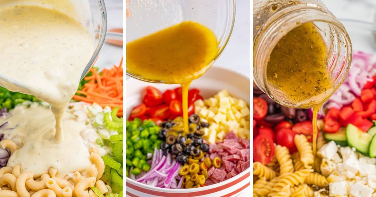 Collage pin showing pasta salad dressing being poured over ingredients.