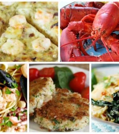 Collage of images of seafood including lobster and fish dishes.