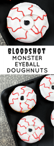 Bloodshot monster eyeball doughnuts make the perfect creepy Halloween dessert! Just mix, bake, and decorate and this spooky treat will be ready in no time!