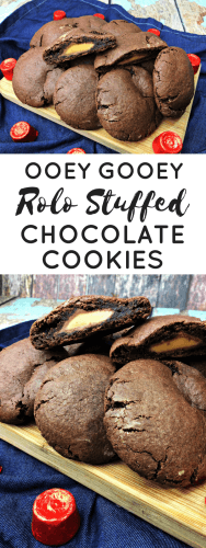 These Rolo stuffed chocolate cookies are going to be a new family favorite. Delicious, soft, and chewy chocolate cookies with an ooey gooey Rolo center.