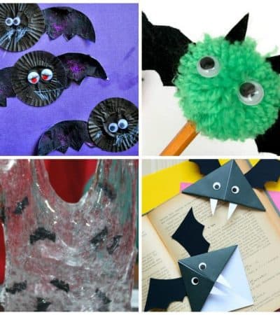 Four image collage of bat crafts: Paper plate bats, bat slime, bat pom pom pencil topper, and bat bookmarks.