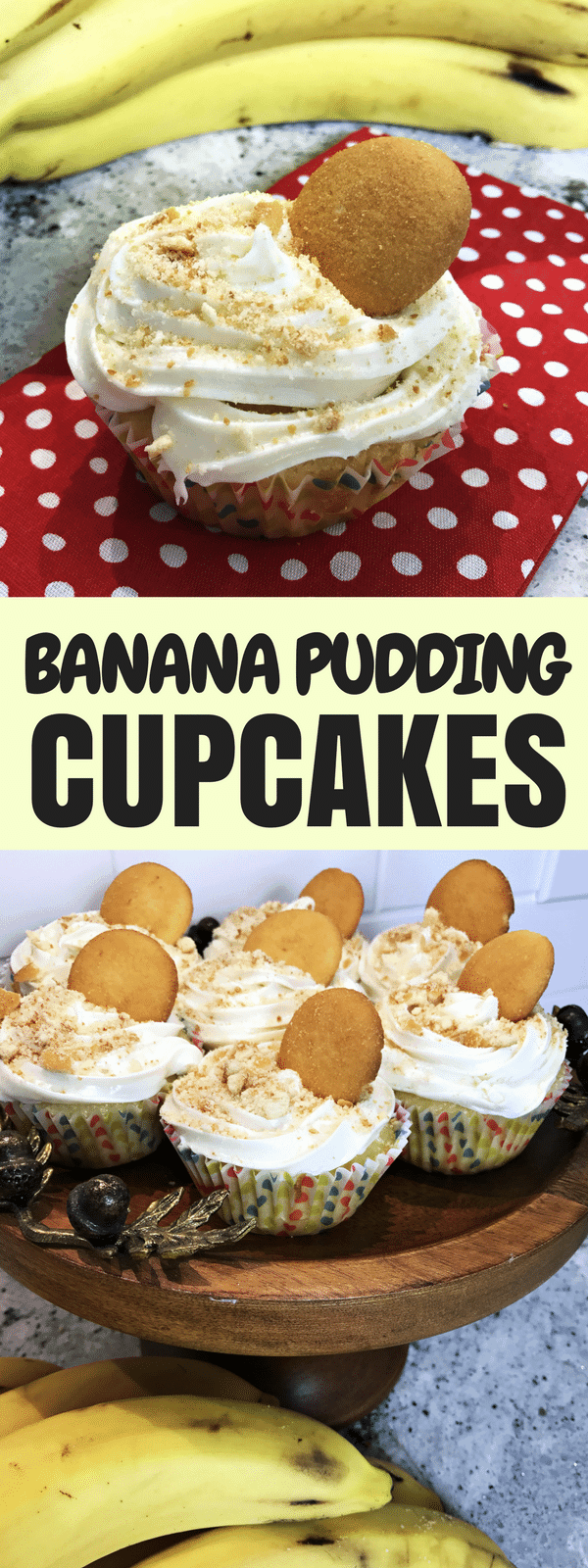 Banana pudding cupcakes: moist, vanilla cupcakes filled with banana pudding and topped with creamy, vanilla frosting and vanilla wafer crumbles.