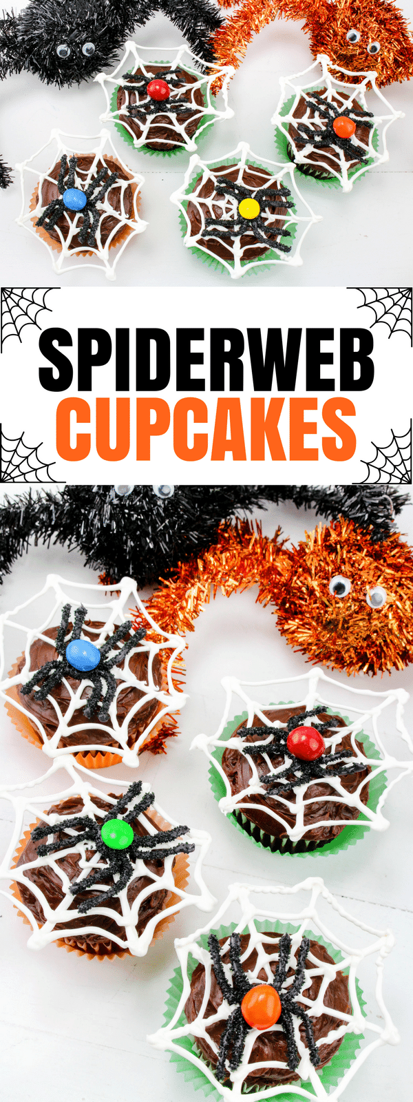 Make these fun Halloween spiderweb cupcakes with chocolate spiders this year for Halloween! Just follow this easy recipe tutorial.
