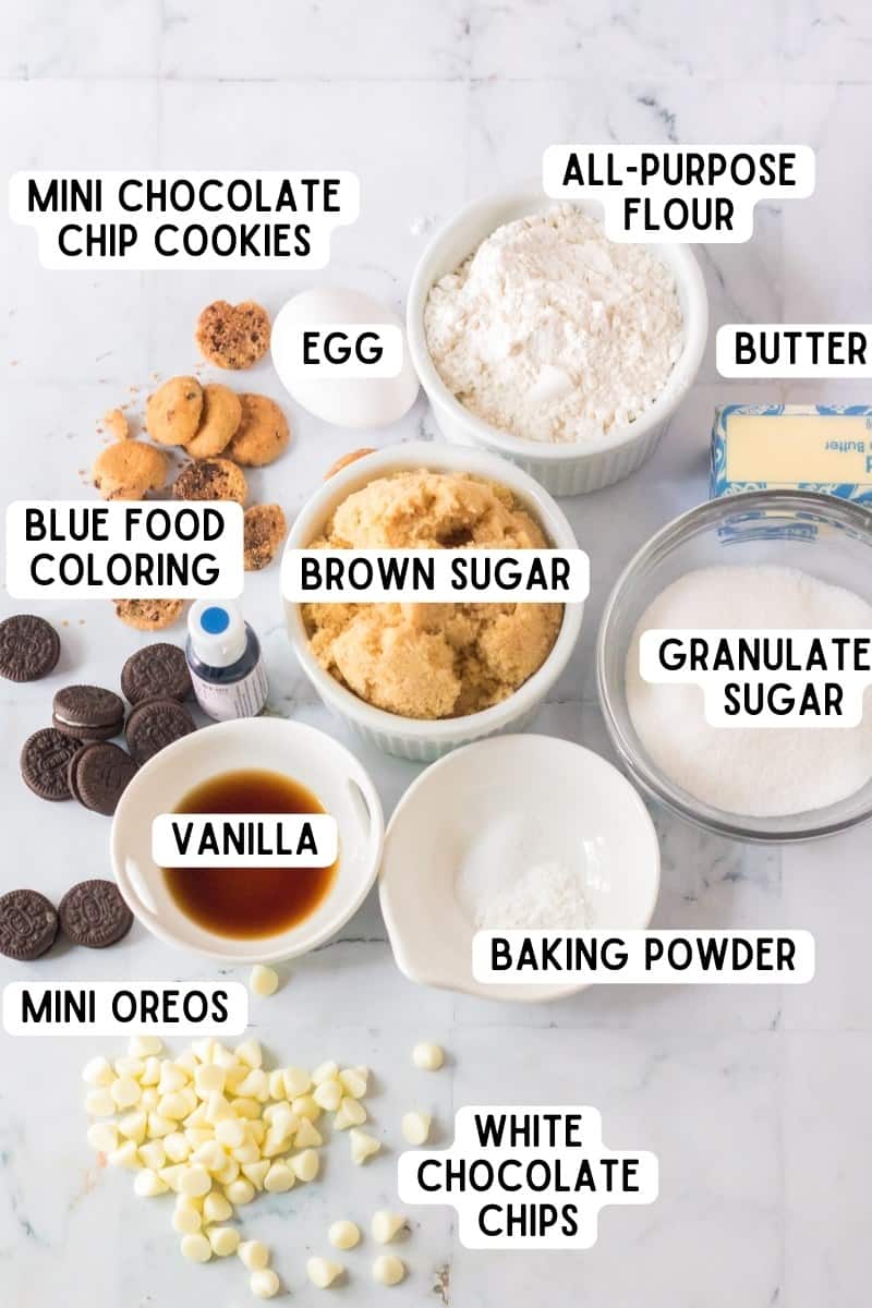 Ingredients for Cookie Monster Cookies.