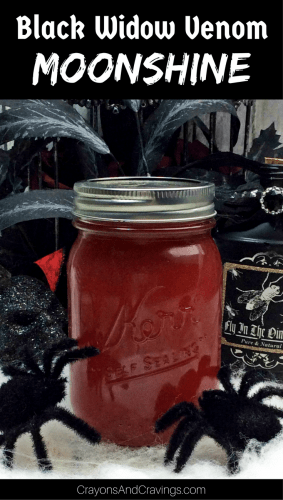 Both sweet and spicy, this black widow venom moonshine is sure to be a hit when it comes to flavor, but it also has a look that screams Halloween.