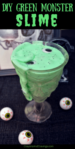Gooey and jiggly, with black glitter and googly eyes, this DIY green monster slime recipe is easy to make and lots of fun to play with!