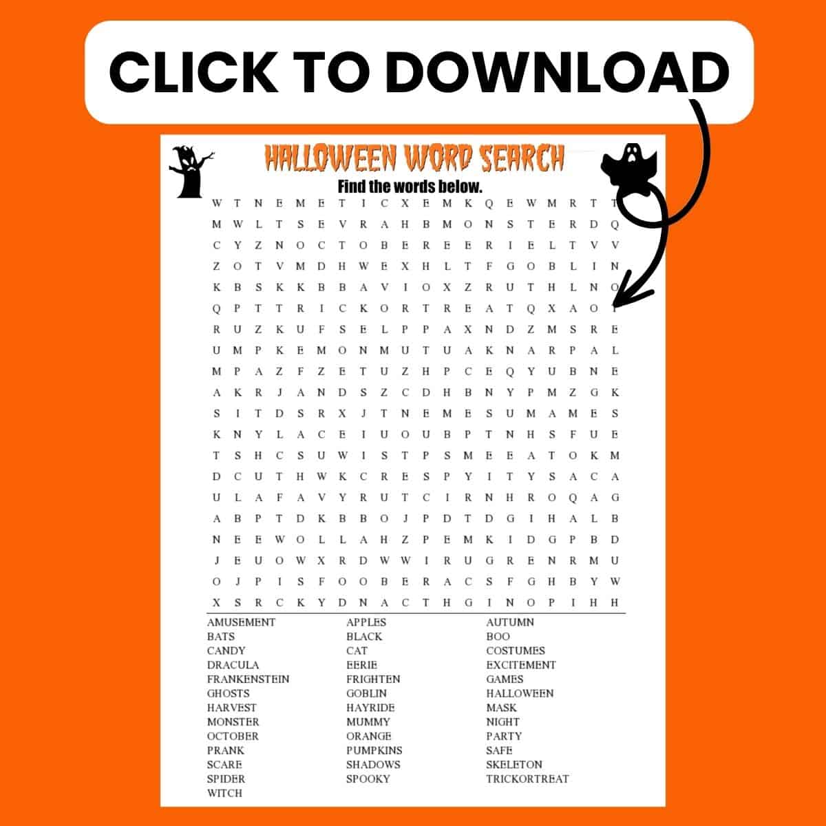Click to download Free Halloween Word Search.