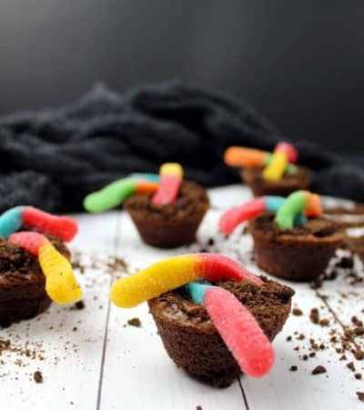 Brownie Bites with edible dirt and gummy worms.