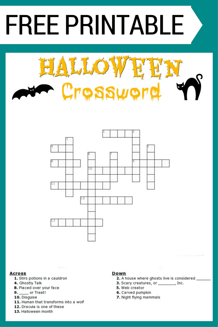 Halloween Crossword Puzzle FREE Printable With or Without Word Bank