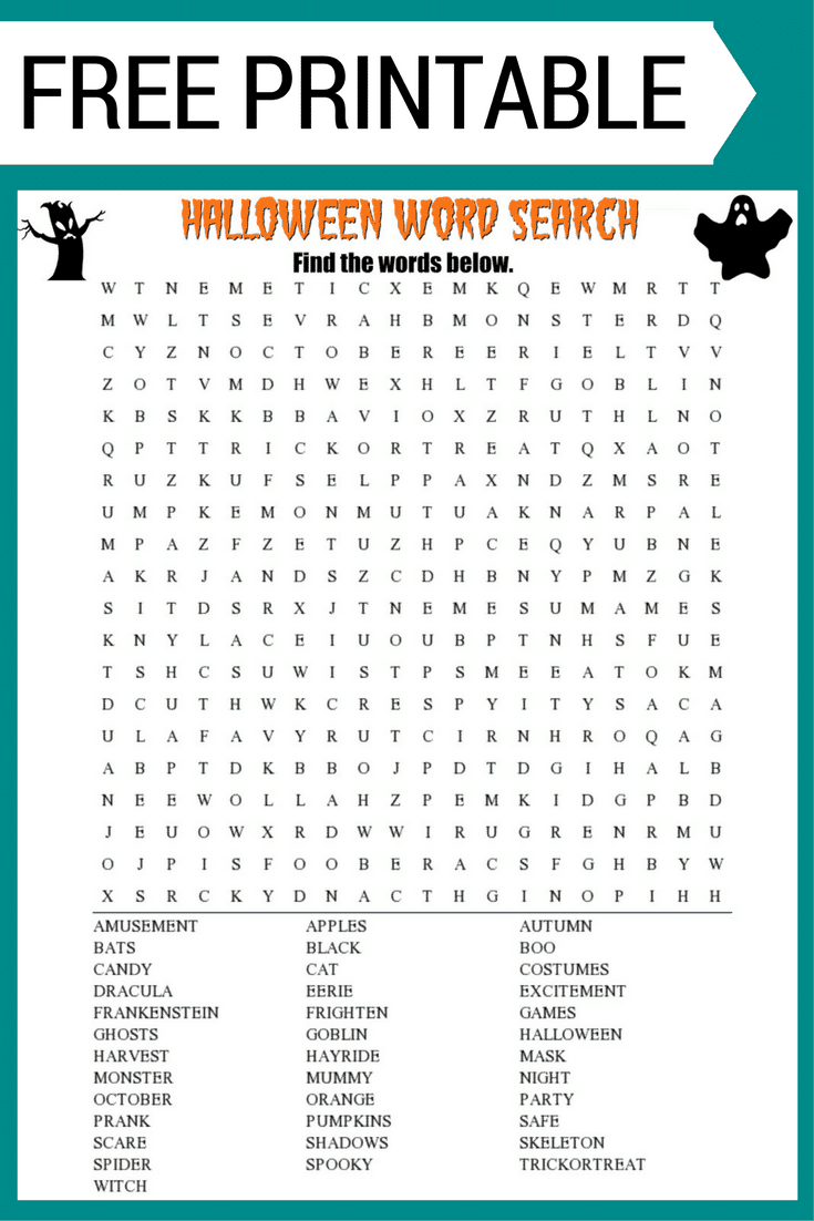 Halloween Word Search free printable worksheet with 30+ Halloween themed words including bats, apples, autumn, costume, spooky, and more.