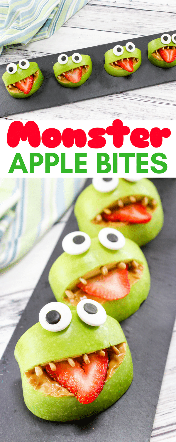 Made with apples, peanut butter, strawberries, sunflower seeds, and edible eyes, these Monster Apple Bites are a fun snack packed with nutrition! Perfect for Halloween or whenever you are looking for a fun snack idea for the kids.