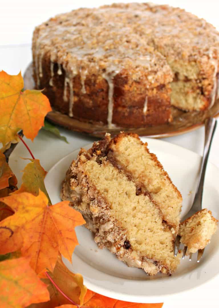 This Maple Walnut Coffee Cake has a thin layer of cream cheese filling, enhanced with toasted walnuts and maple. A generous amount of crumbly streusel on top is drizzled with maple icing, adding layers of flavor that enchant but don’t overpower.