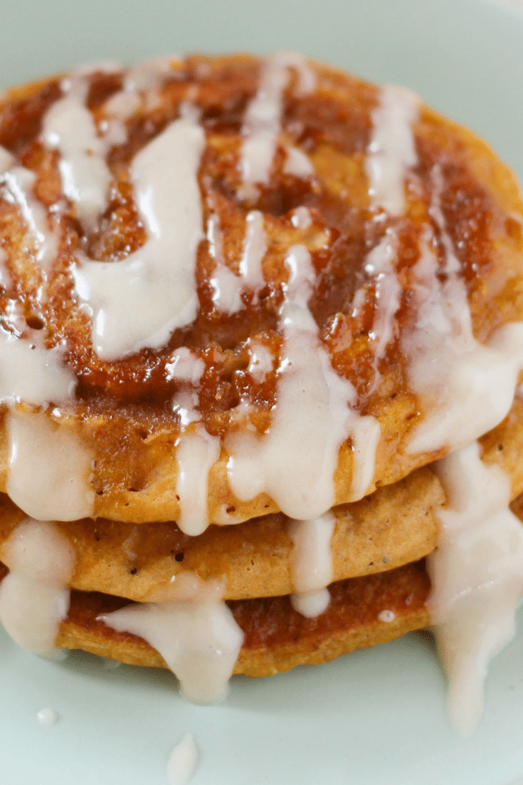 With a cinnamon swirl and a cream cheese glaze, these pumpkin spice pancakes will become a family favorite throughout the fall months and especially on Thanksgiving morning.