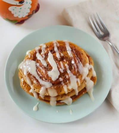 With a cinnamon swirl and a cream cheese glaze, these pumpkin spice pancakes will become a family favorite throughout the fall months and especially on Thanksgiving morning.